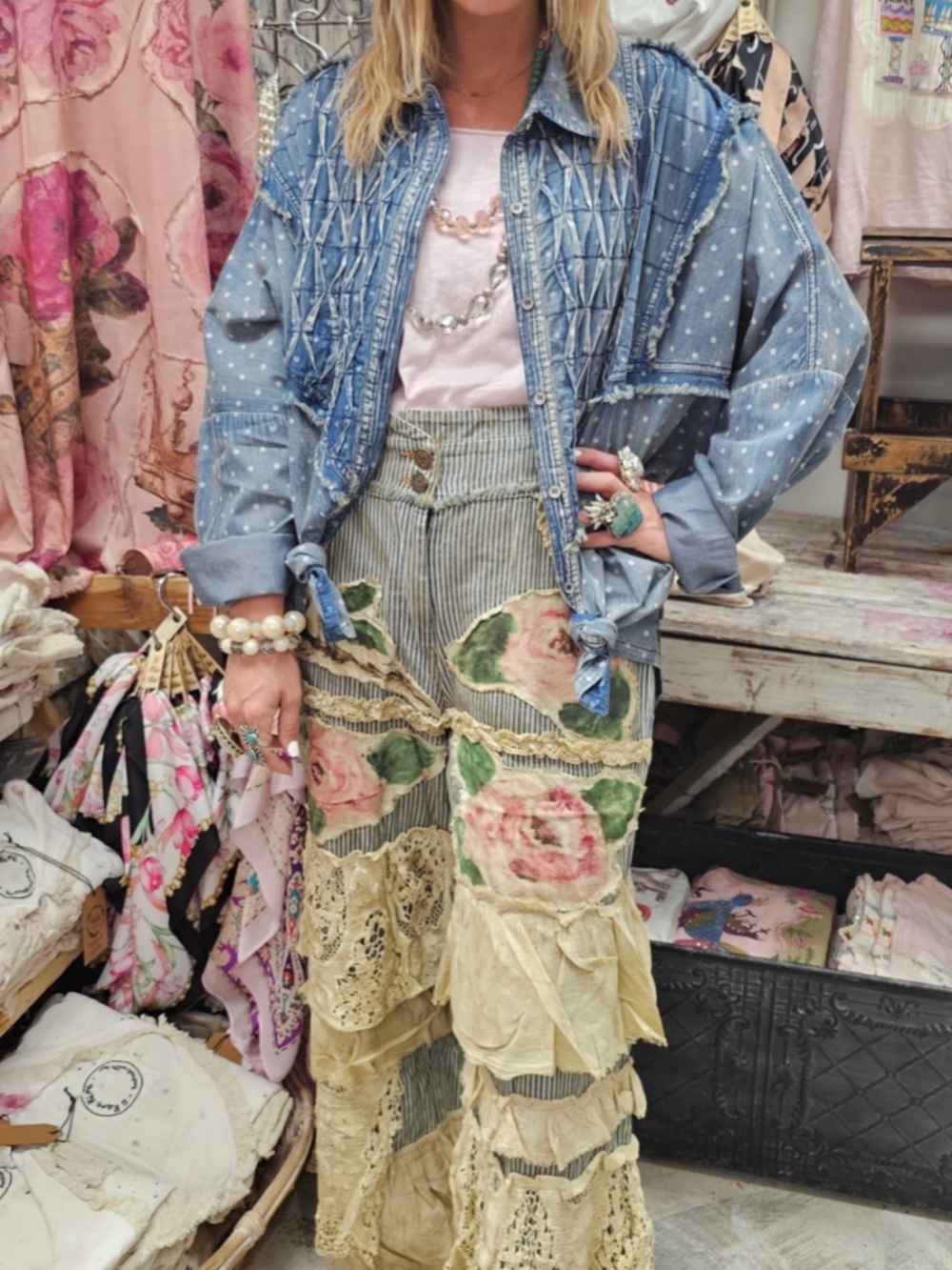 A Rare Bird Light Wash Button Down Polka Dot Frayed Denim Shirt - Picture 3 of 4